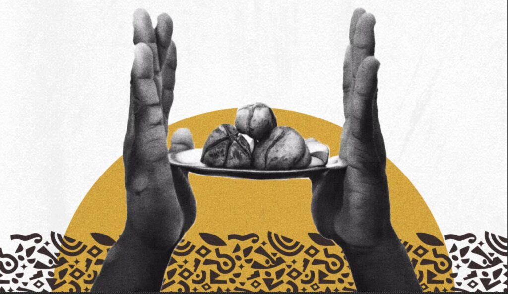 hands lifting plate filled with kolanut